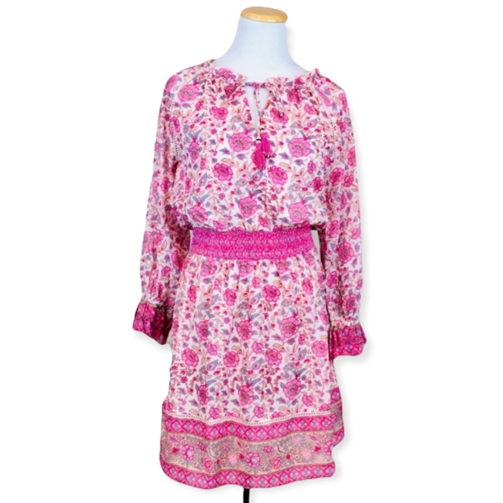 Love the Label Anthro Pink Floral Long Sleeve Peasant Dress XS Boho Cottage NWT
